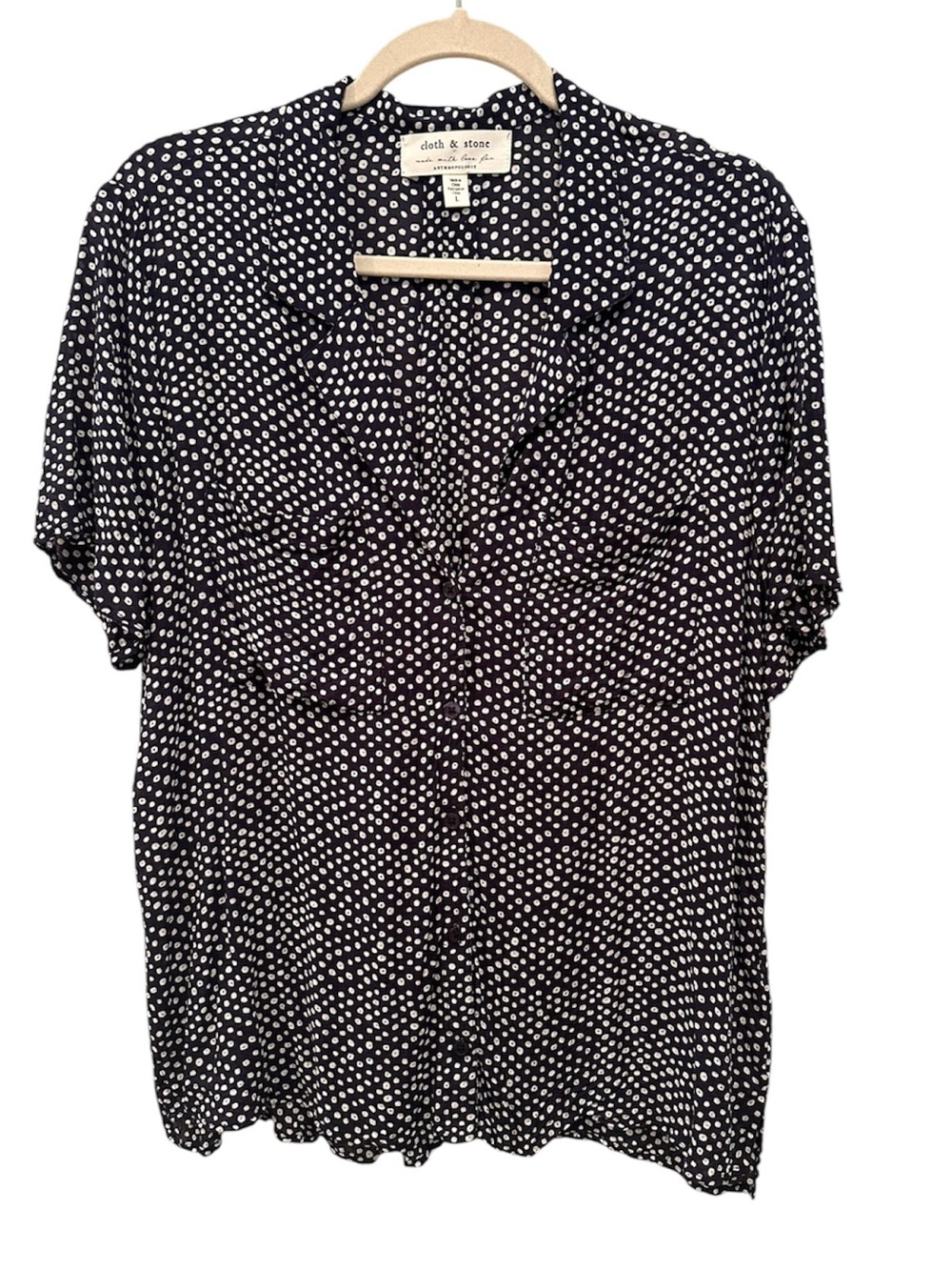 cloth & stone Navy and White Dot Short-Sleeve Blouse Top Lightweight Sz L